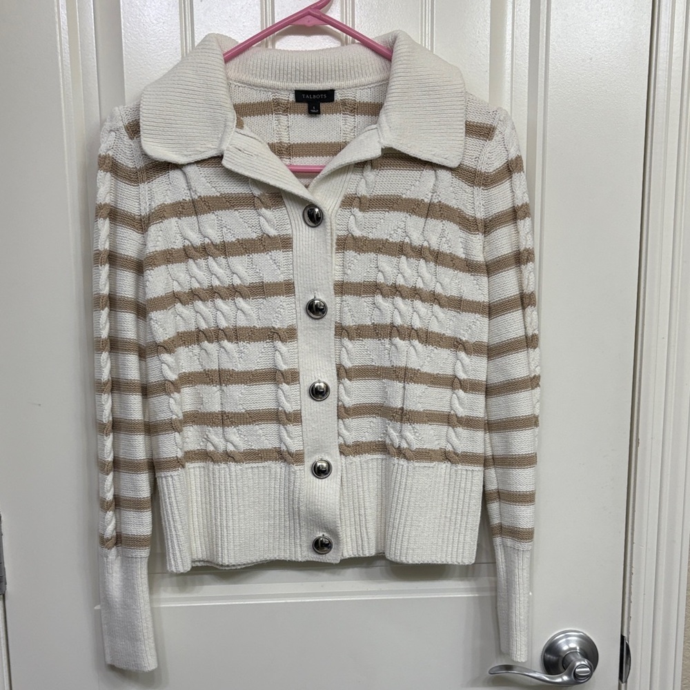 Talbots Women's Striped Sweater - Cream‎ and Tan
